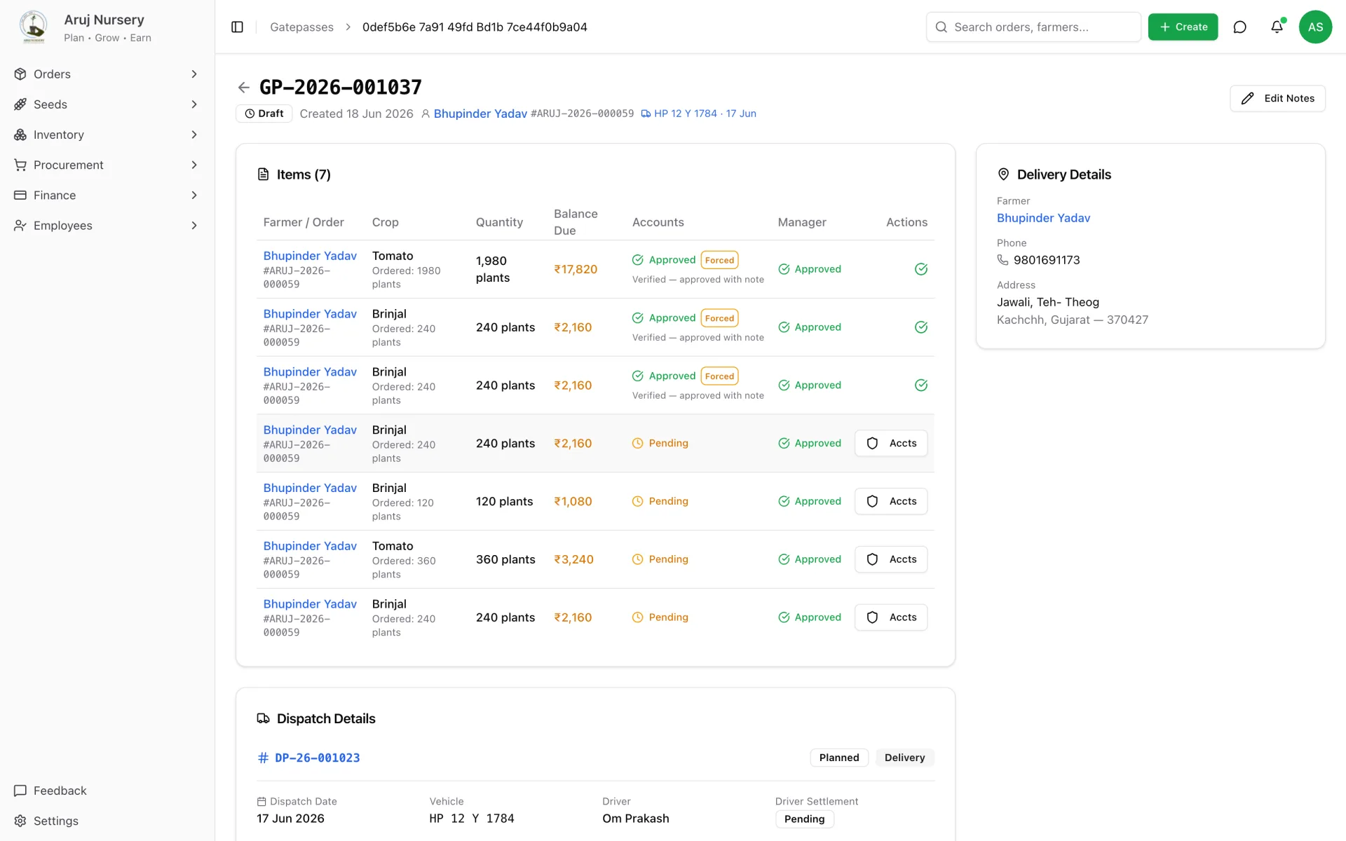 Gate pass — accounts and manager tracks per line, forced approvals flagged with their note.
