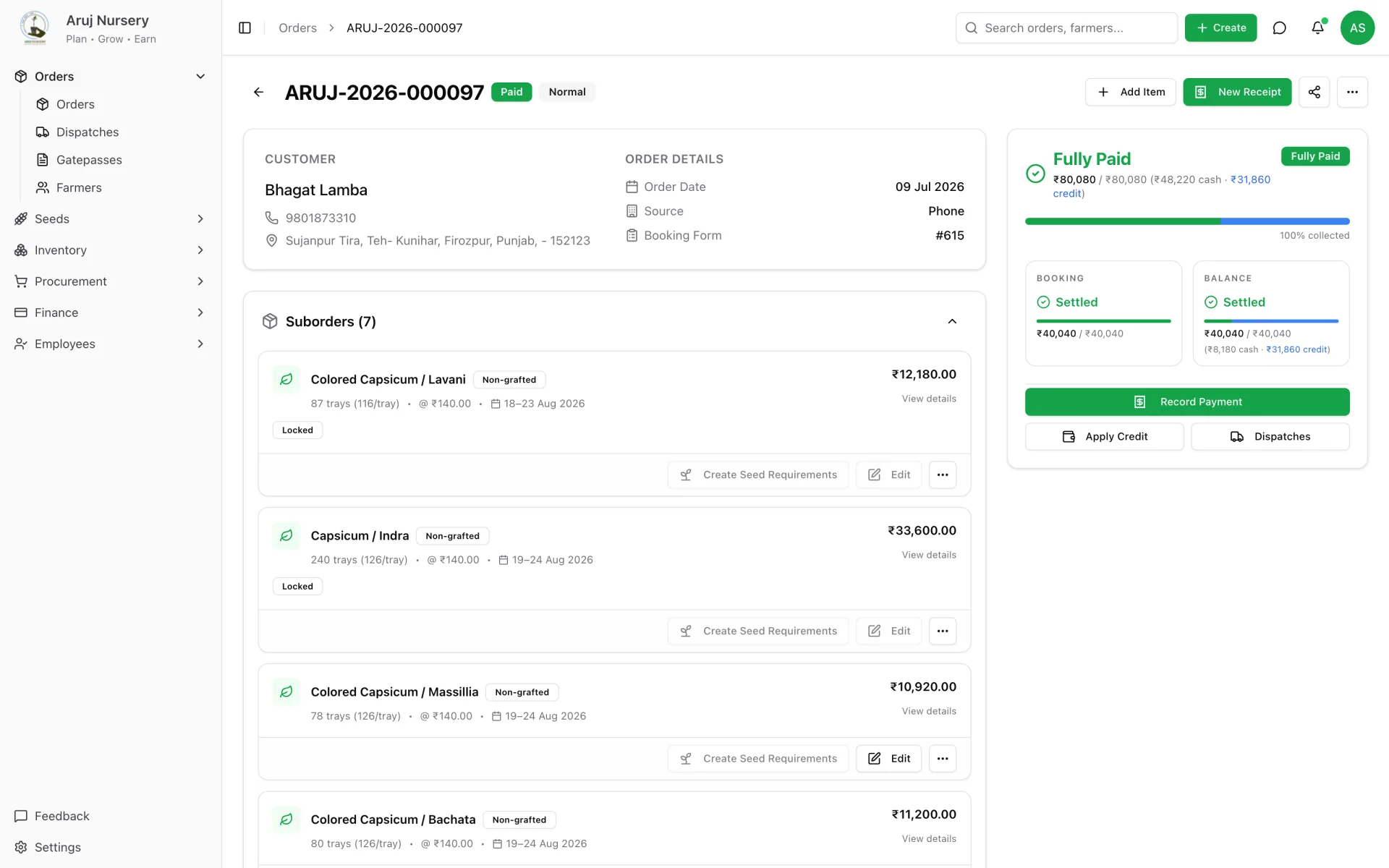 Order detail — lines, booking and balance buckets, payment state, and every action in one place.