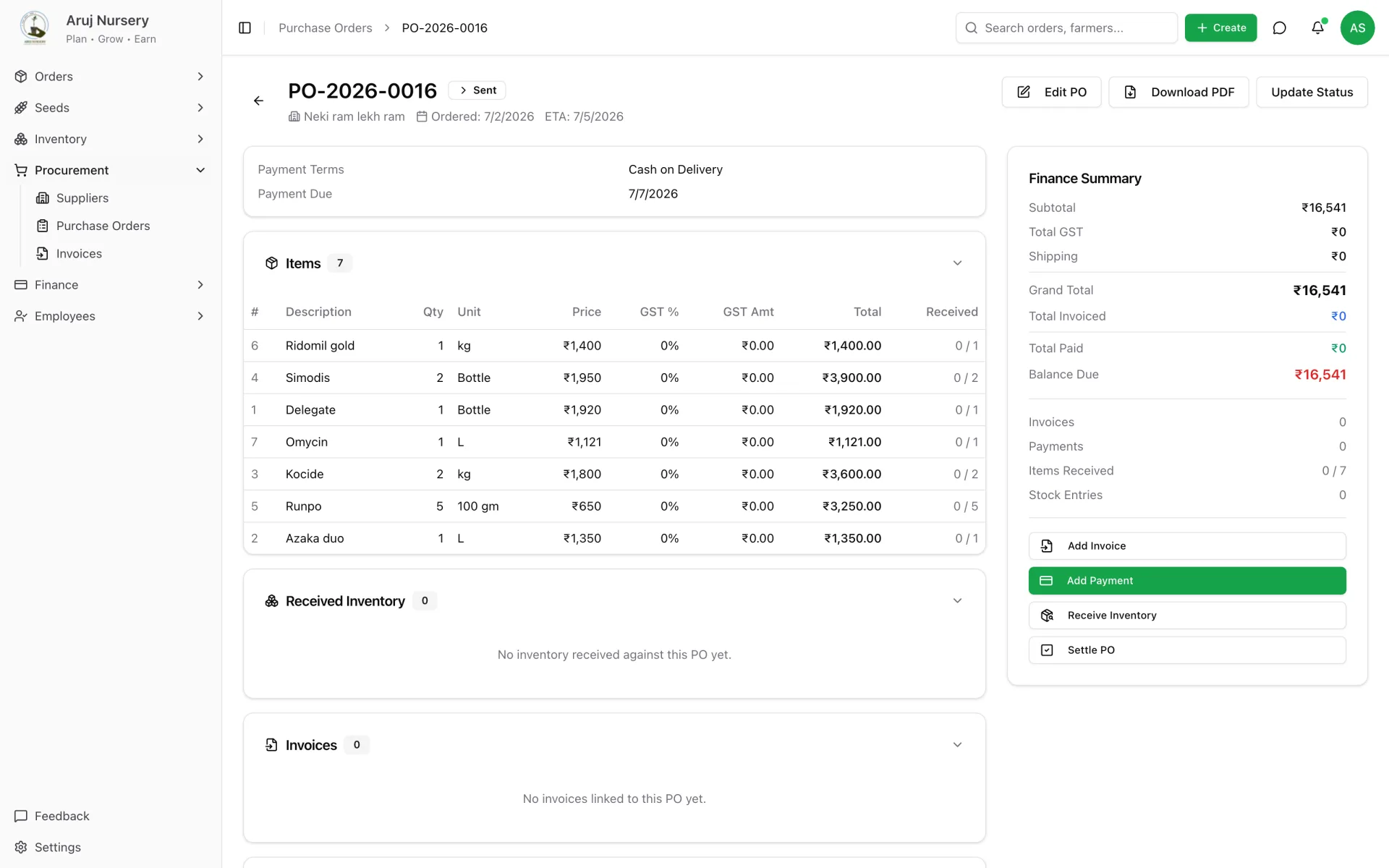 Purchase order — seven lines, finance summary, invoices and payments on one screen.