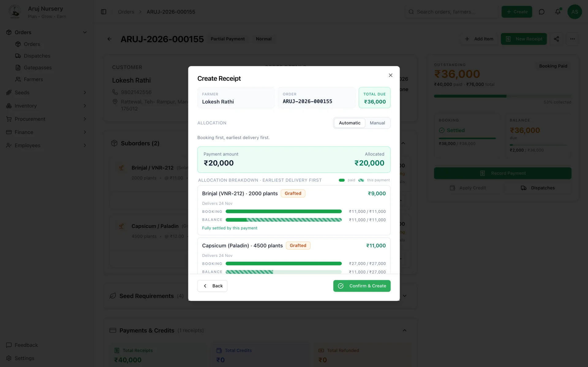 Receipt allocation preview — booking first, earliest delivery first, before anyone clicks confirm.