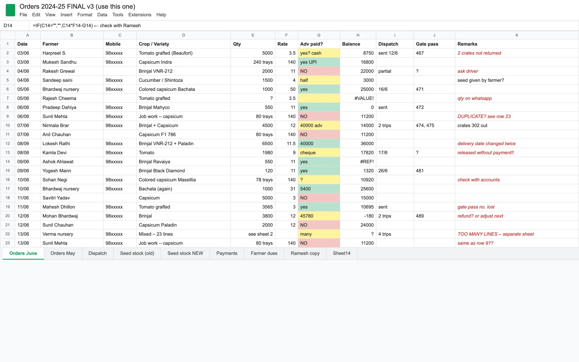 Representative: one order sheet of fourteen tabs. Duplicate rows, #REF! balances, a gate pass released without payment.