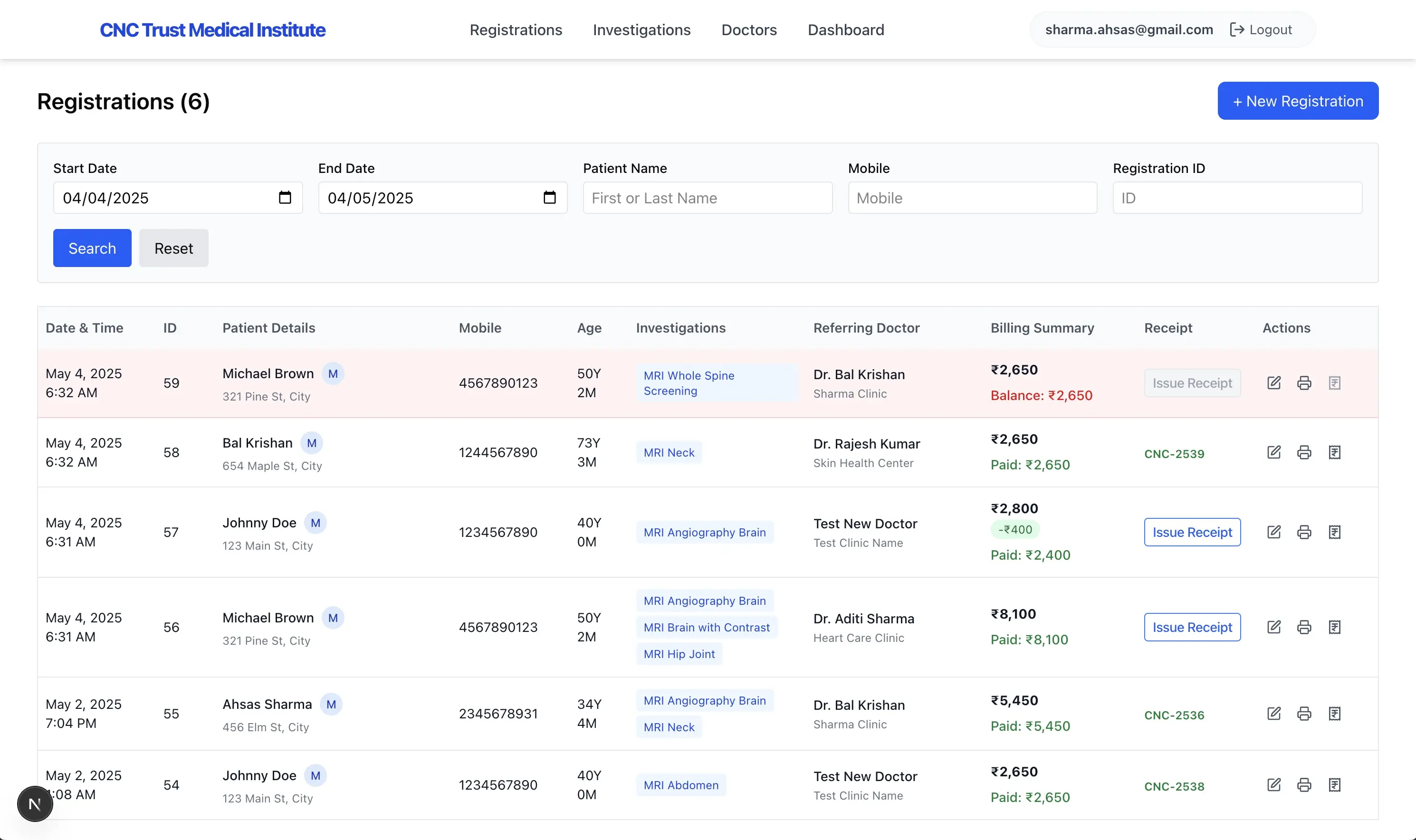 Patient registrations — searchable records with investigations, referring doctor, and billing.